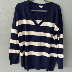 Navy and Ivory striped V-neck sweater